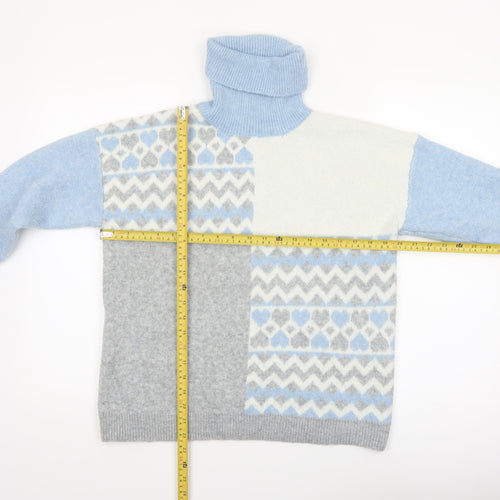 Oasis Women’s Blue Grey Fair Isle Roll Neck Jumper Size S