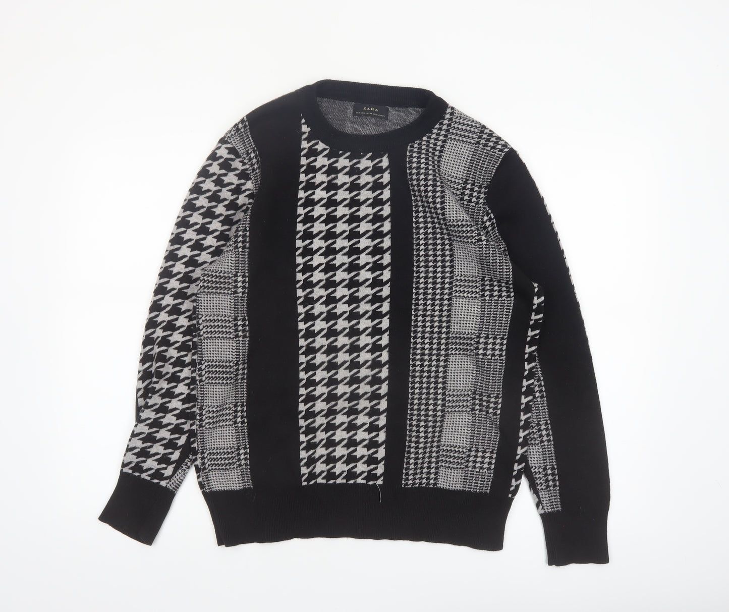 Zara Men's Black Houndstooth Knit Crew Neck Pullover Jumper M