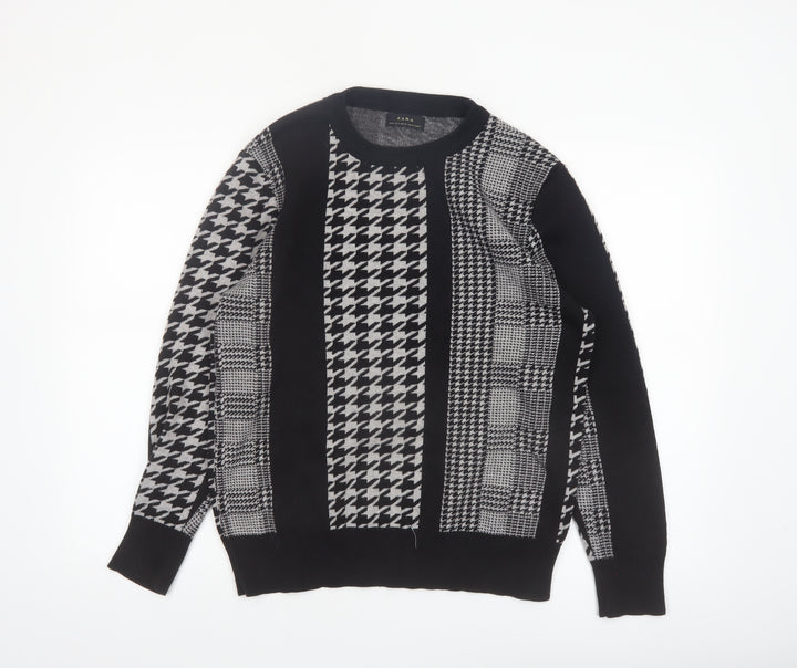 Zara Men's Black Houndstooth Knit Crew Neck Pullover Jumper M