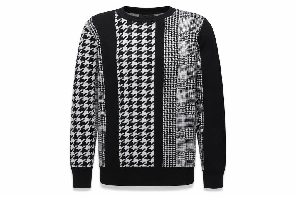 Front view of Zara Men's Black Houndstooth Knit Crew Neck jumper M