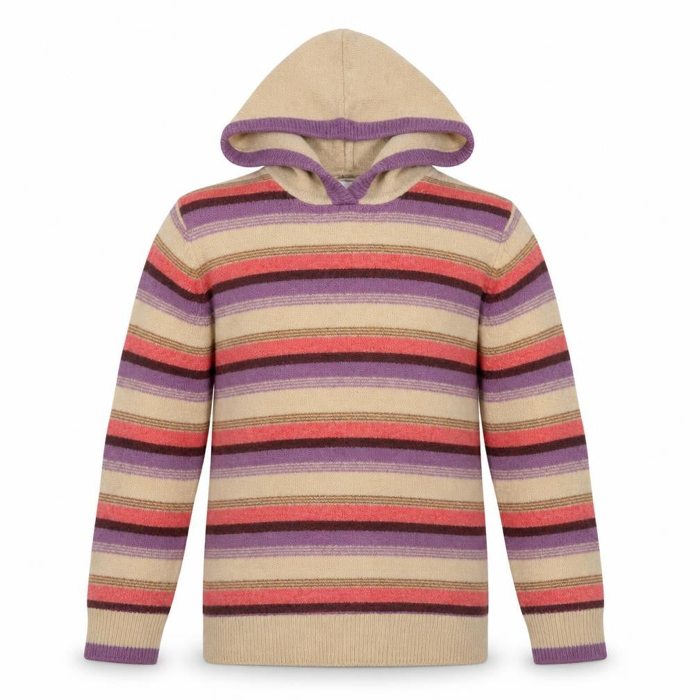 Front view of FatFace girls’ beige multicoloured striped hooded jumper 11-12 years