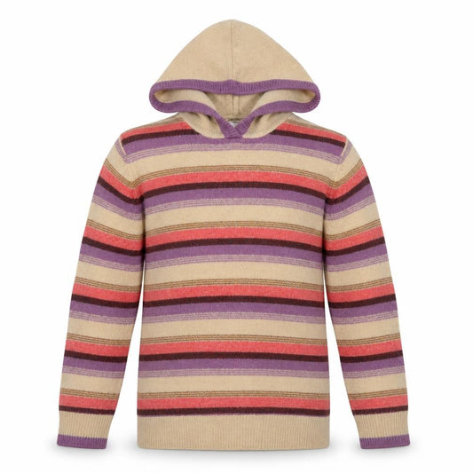Front view of FatFace girls’ beige multicoloured striped hooded jumper 11-12 years