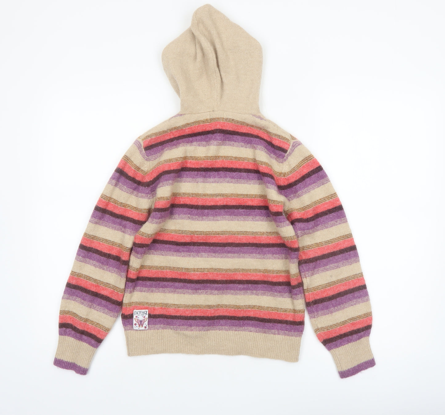 FatFace Girls Beige Multicoloured Striped Hooded Pullover Jumper 11-12 Years