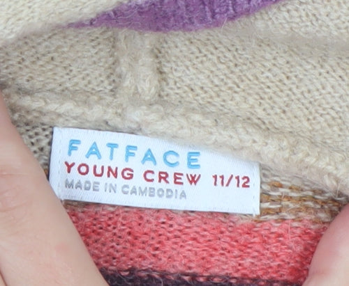 FatFace Girls Beige Multicoloured Striped Hooded Pullover Jumper 11-12 Years