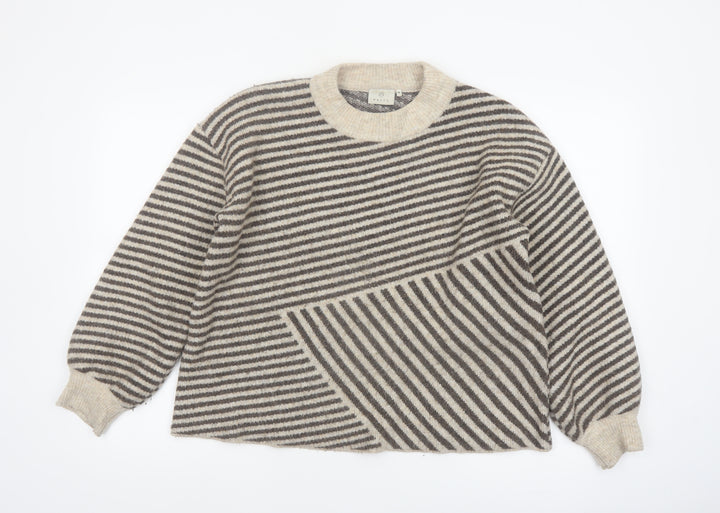 Kaffe Women Beige Striped Chunky-Knit Wool Blend Pullover Jumper M