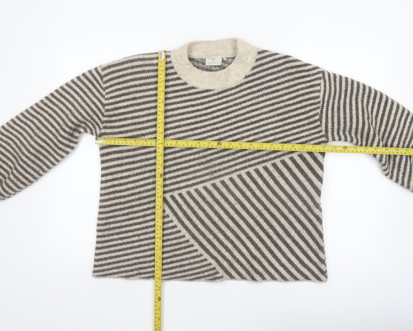 Kaffe Women Beige Striped Chunky-Knit Wool Blend Pullover Jumper M