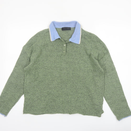 Zara Women's Green Collared Henley Knit Jumper Size L