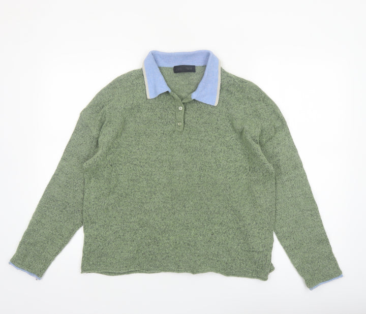 Zara Women's Green Collared Henley Knit Jumper Size L