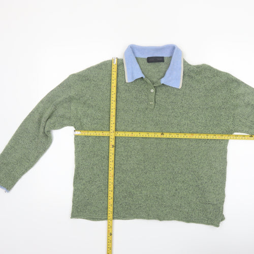 Zara Women's Green Collared Henley Knit Jumper Size L