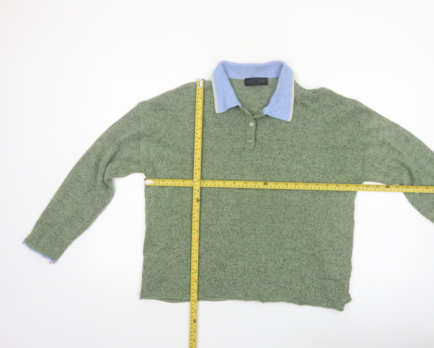 Zara Women's Green Collared Henley Knit Jumper Size L
