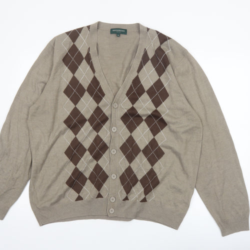 Greenwoods Mens Beige Argyle Cardigan XL V-Neck Knit Jumper