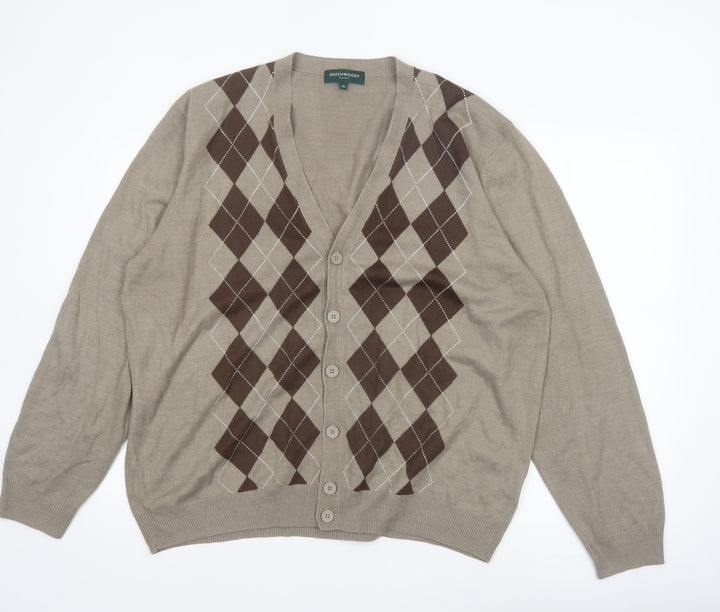Greenwoods Mens Beige Argyle Cardigan XL V-Neck Knit Jumper