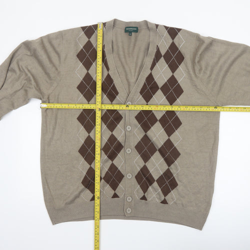 Greenwoods Mens Beige Argyle Cardigan XL V-Neck Knit Jumper