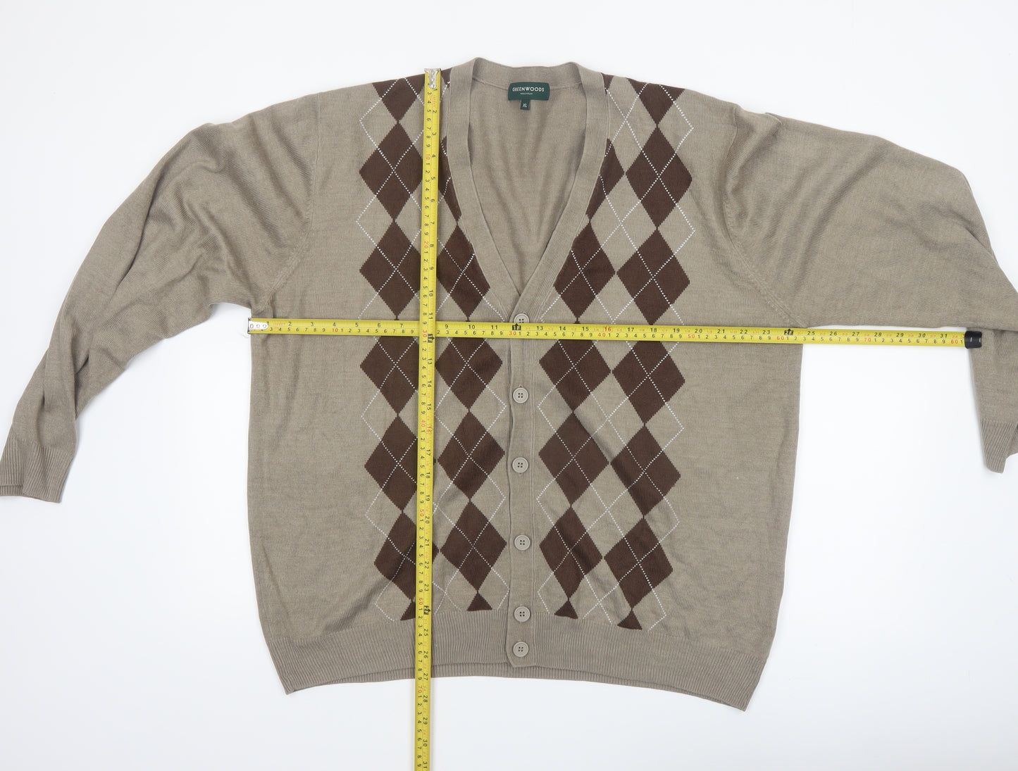 Greenwoods Mens Beige Argyle Cardigan XL V-Neck Knit Jumper