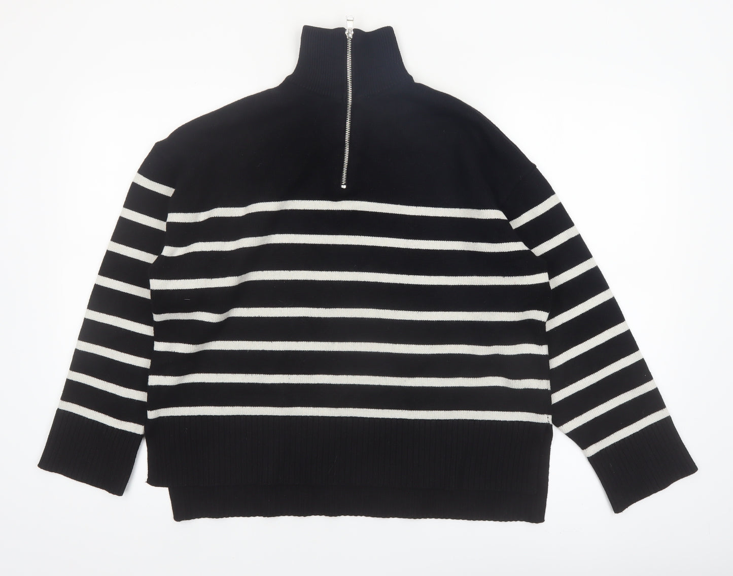 Zara Women’s Black Striped High Neck Full Zip Jumper Size 12