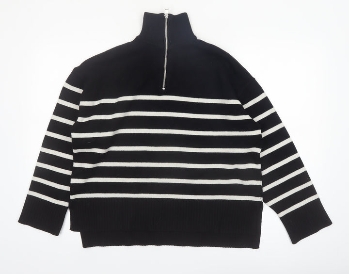 Zara Women’s Black Striped High Neck Full Zip Jumper Size 12