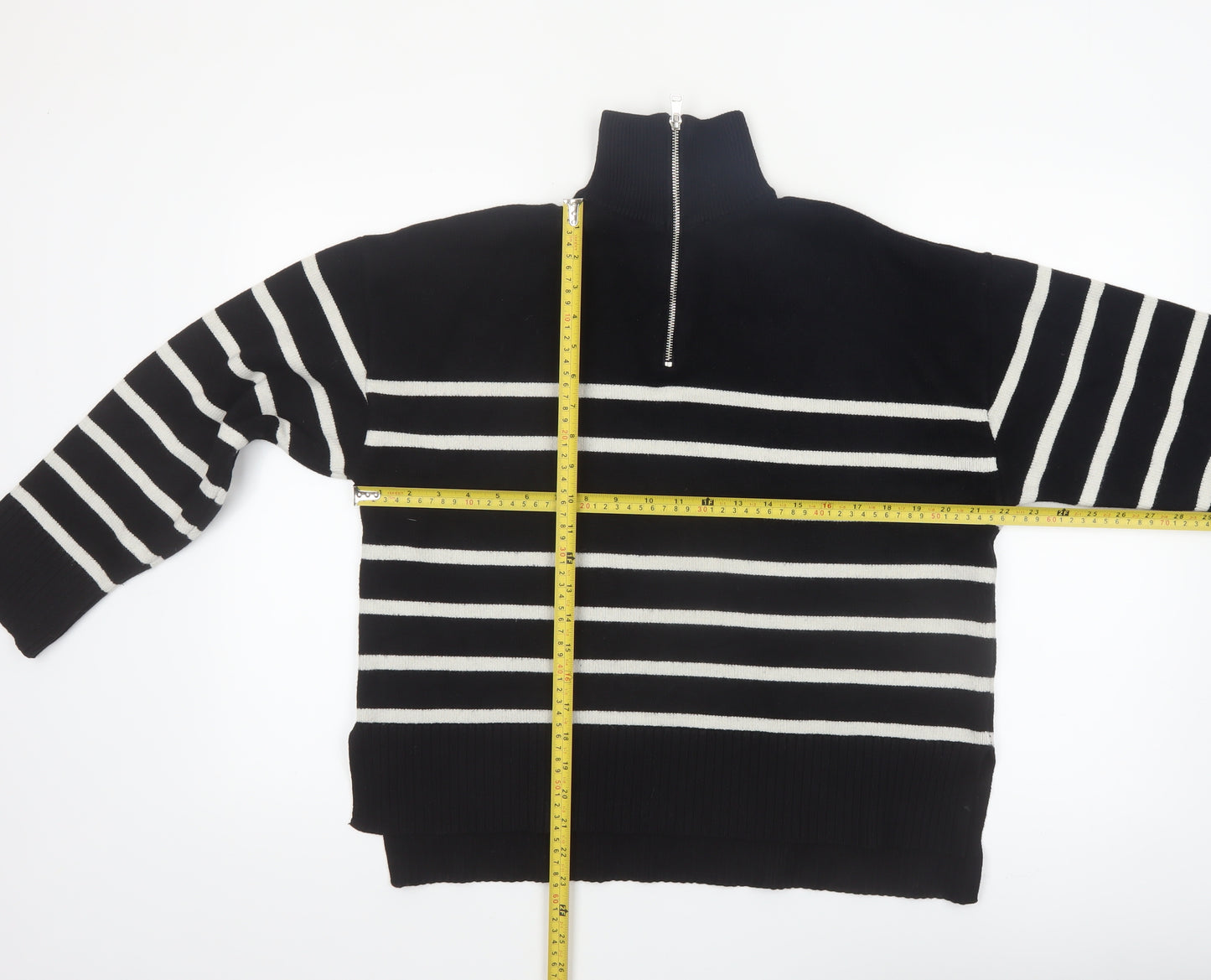 Zara Women’s Black Striped High Neck Full Zip Jumper Size 12