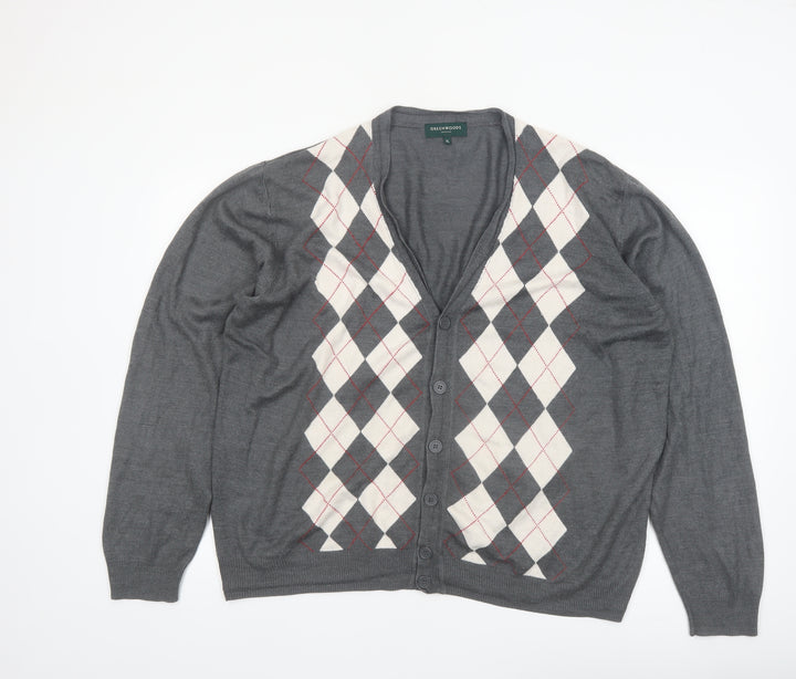 Greenwoods Mens Grey Argyle V-Neck Button Cardigan XL