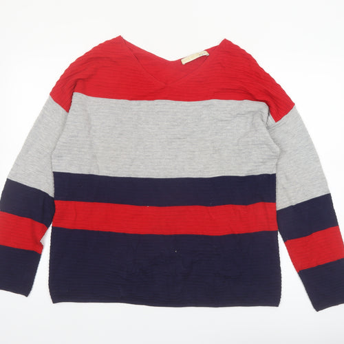 Oui Women Red Grey Blue Striped V-Neck Knit Jumper Size 14