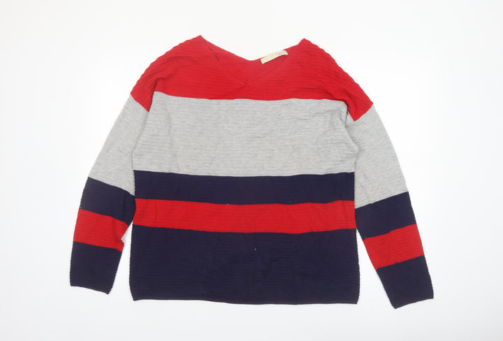 Oui Women Red Grey Blue Striped V-Neck Knit Jumper Size 14