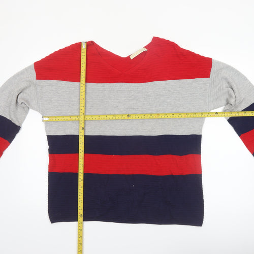 Oui Women Red Grey Blue Striped V-Neck Knit Jumper Size 14