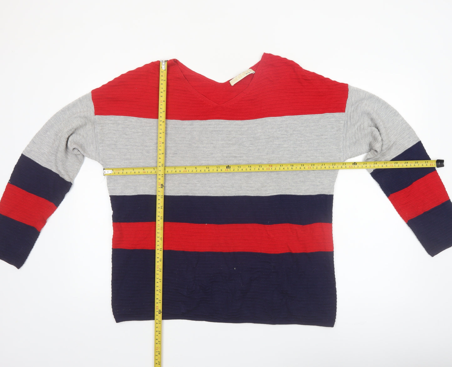 Oui Women Red Grey Blue Striped V-Neck Knit Jumper Size 14