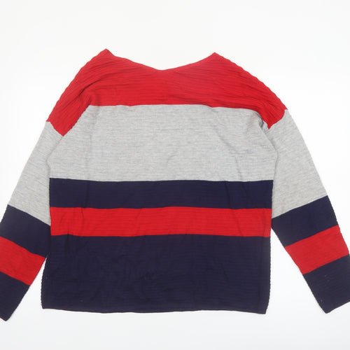 Oui Women Red Grey Blue Striped V-Neck Knit Jumper Size 14