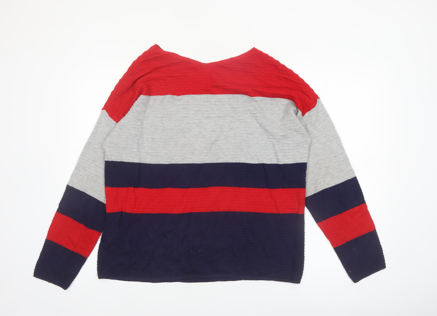 Oui Women Red Grey Blue Striped V-Neck Knit Jumper Size 14