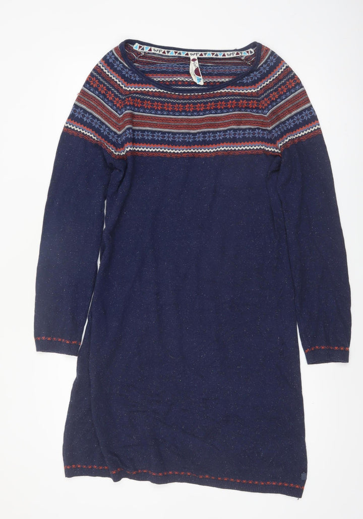 Weird Fish Womens Blue Fair Isle Knit Jumper Dress Size 14