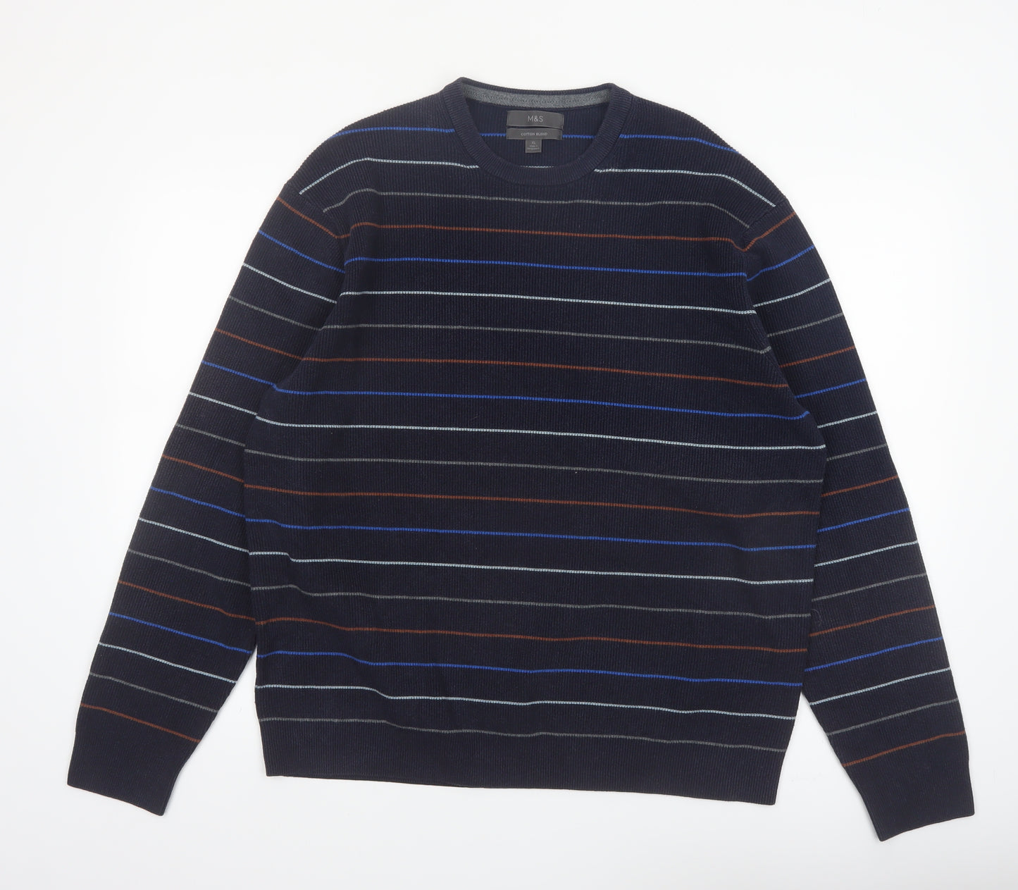 Marks and Spencer Men's Blue Striped Cotton Blend Pullover Jumper XL