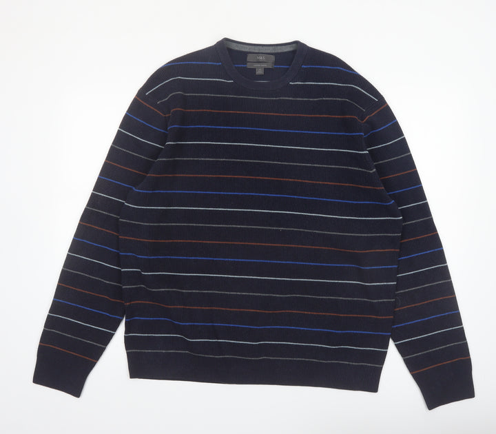 Marks and Spencer Men's Blue Striped Cotton Blend Pullover Jumper XL