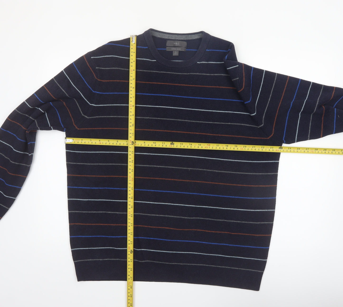Marks and Spencer Men's Blue Striped Cotton Blend Pullover Jumper XL