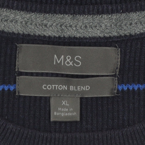 Marks and Spencer Men's Blue Striped Cotton Blend Pullover Jumper XL