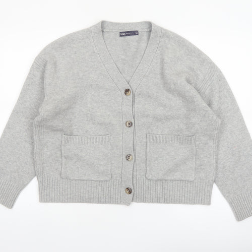 Marks and Spencer Women Grey L V-Neck Button Knit Cardigan