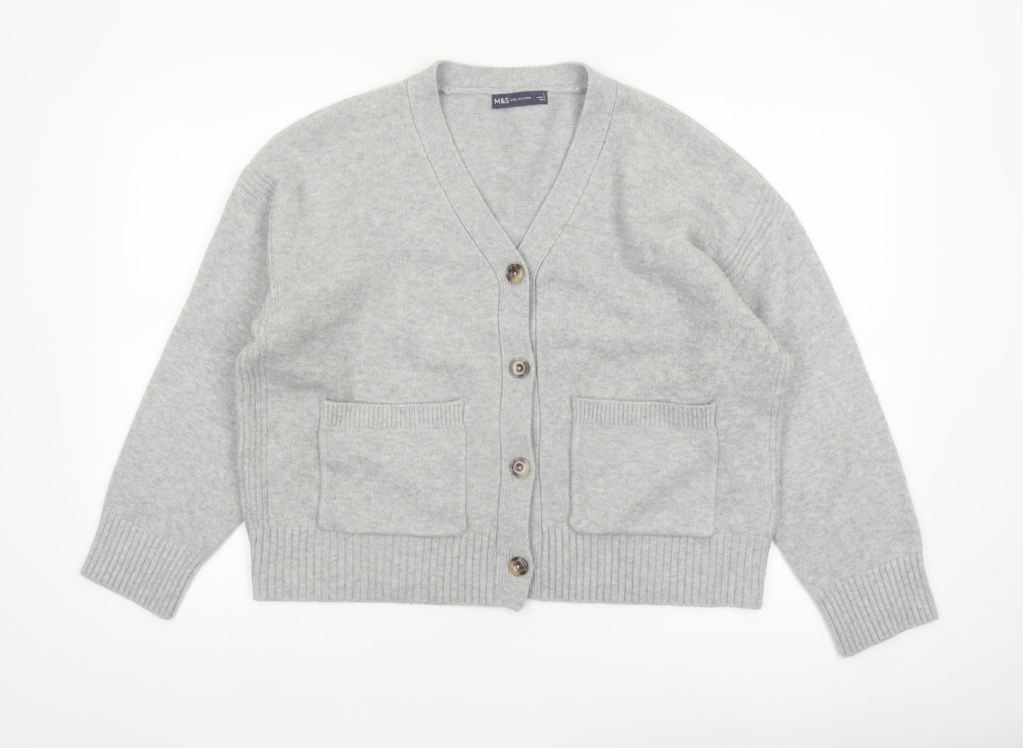Marks and Spencer Women Grey L V-Neck Button Knit Cardigan