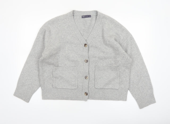Marks and Spencer Women Grey L V-Neck Button Knit Cardigan