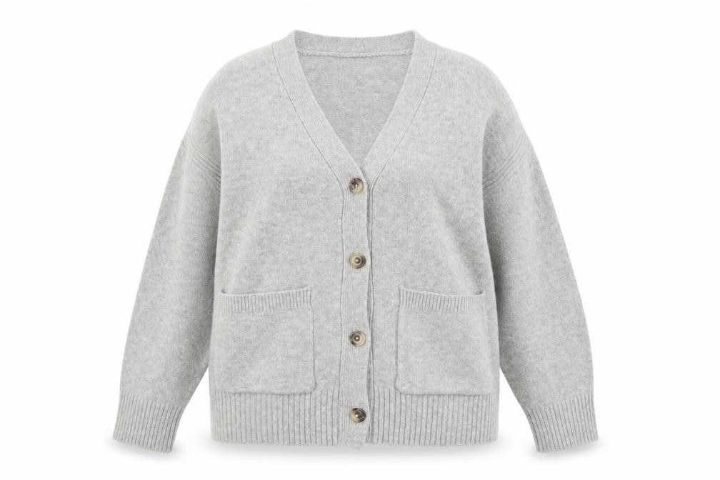 Front view of Marks & Spencer Women Grey L V-Neck Button Knit Cardigan