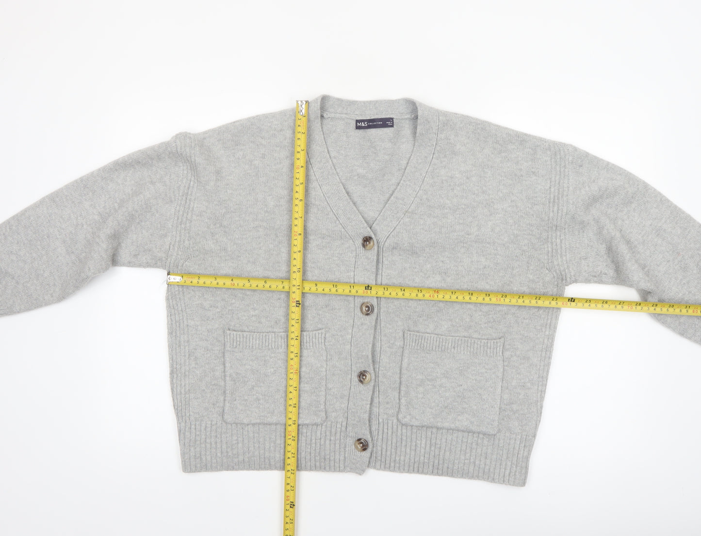 Marks and Spencer Women Grey L V-Neck Button Knit Cardigan