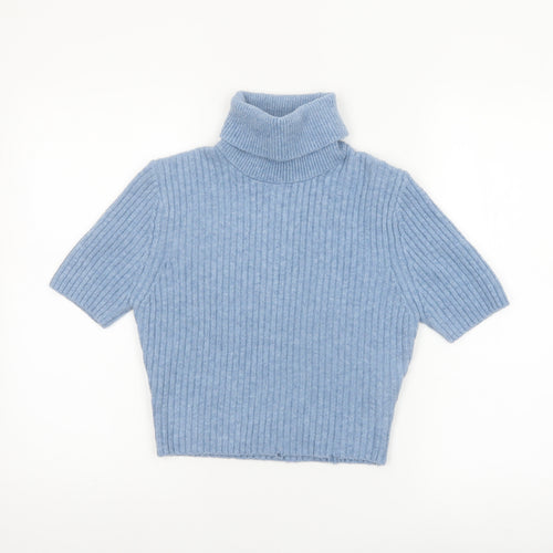Zara Women Blue Roll Neck Short Sleeve Rib Knit Jumper M