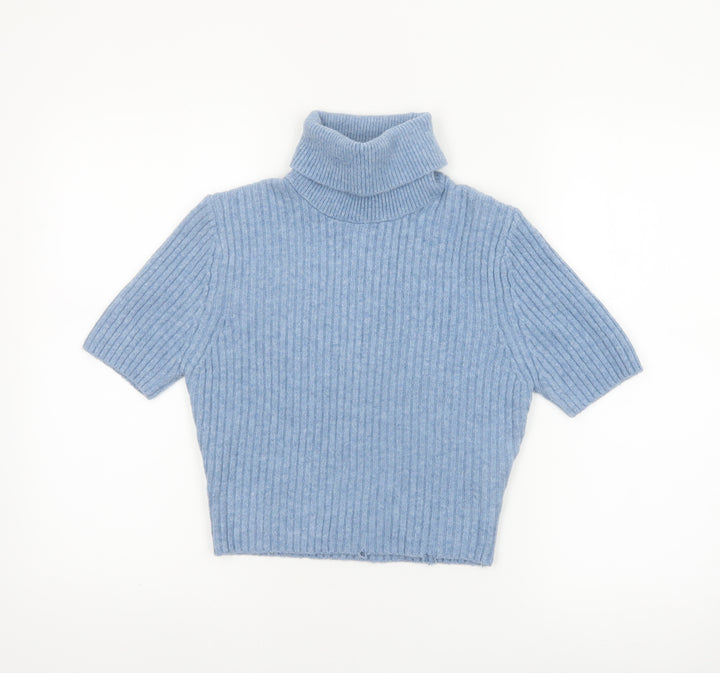 Zara Women Blue Roll Neck Short Sleeve Rib Knit Jumper M