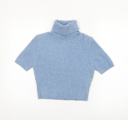 Zara Women Blue Roll Neck Short Sleeve Rib Knit Jumper M