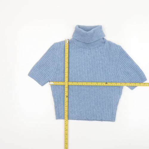 Zara Women Blue Roll Neck Short Sleeve Rib Knit Jumper M