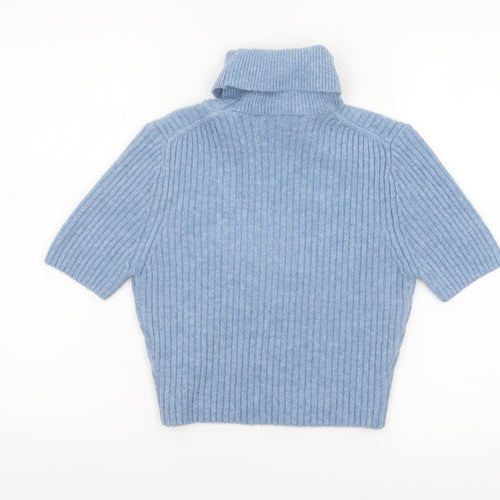 Zara Women Blue Roll Neck Short Sleeve Rib Knit Jumper M