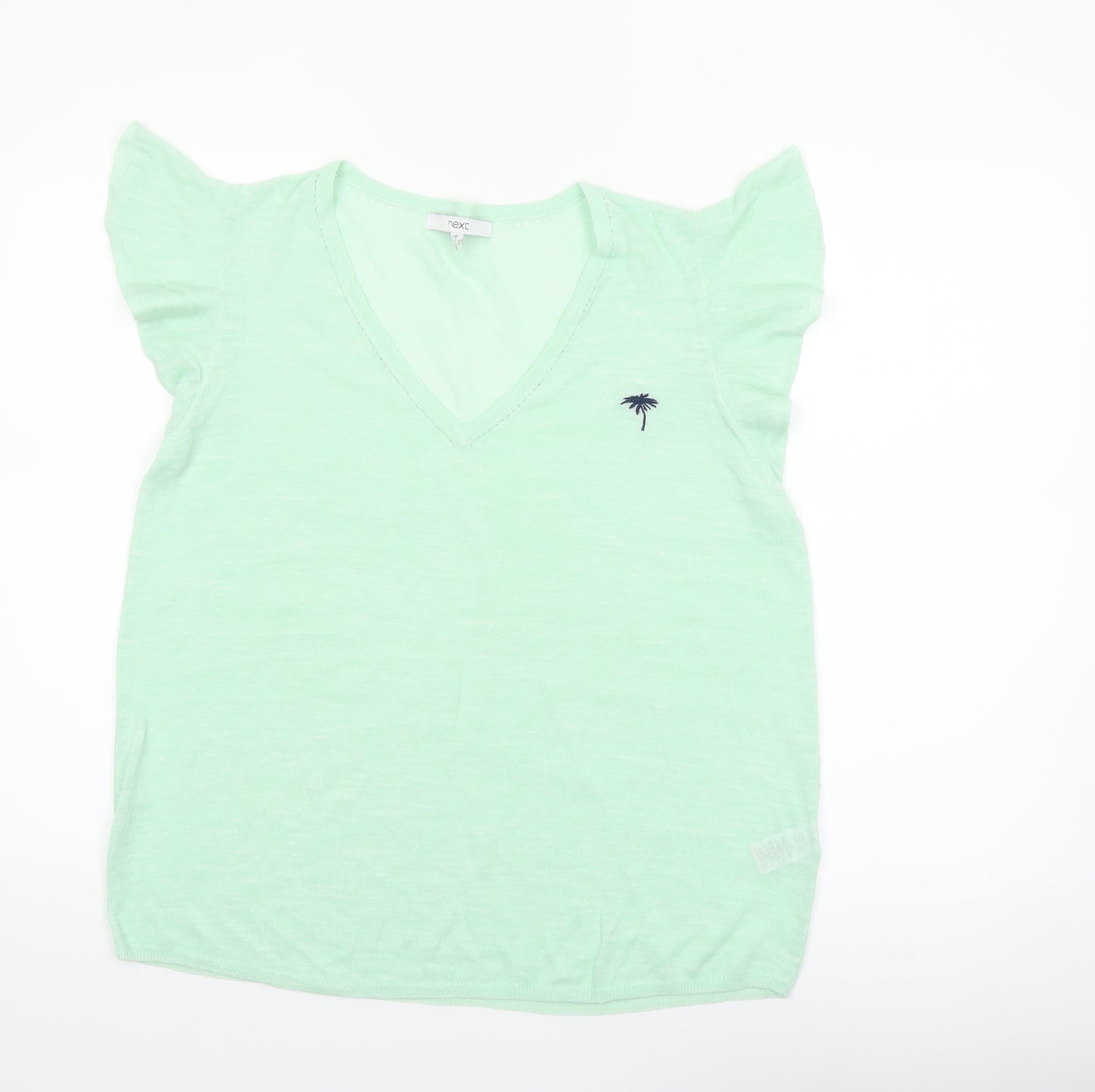 Next Women Green V-Neck Short Sleeve Linen Blend T-Shirt Size 14