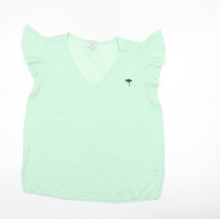 Next Women Green V-Neck Short Sleeve Linen Blend T-Shirt Size 14