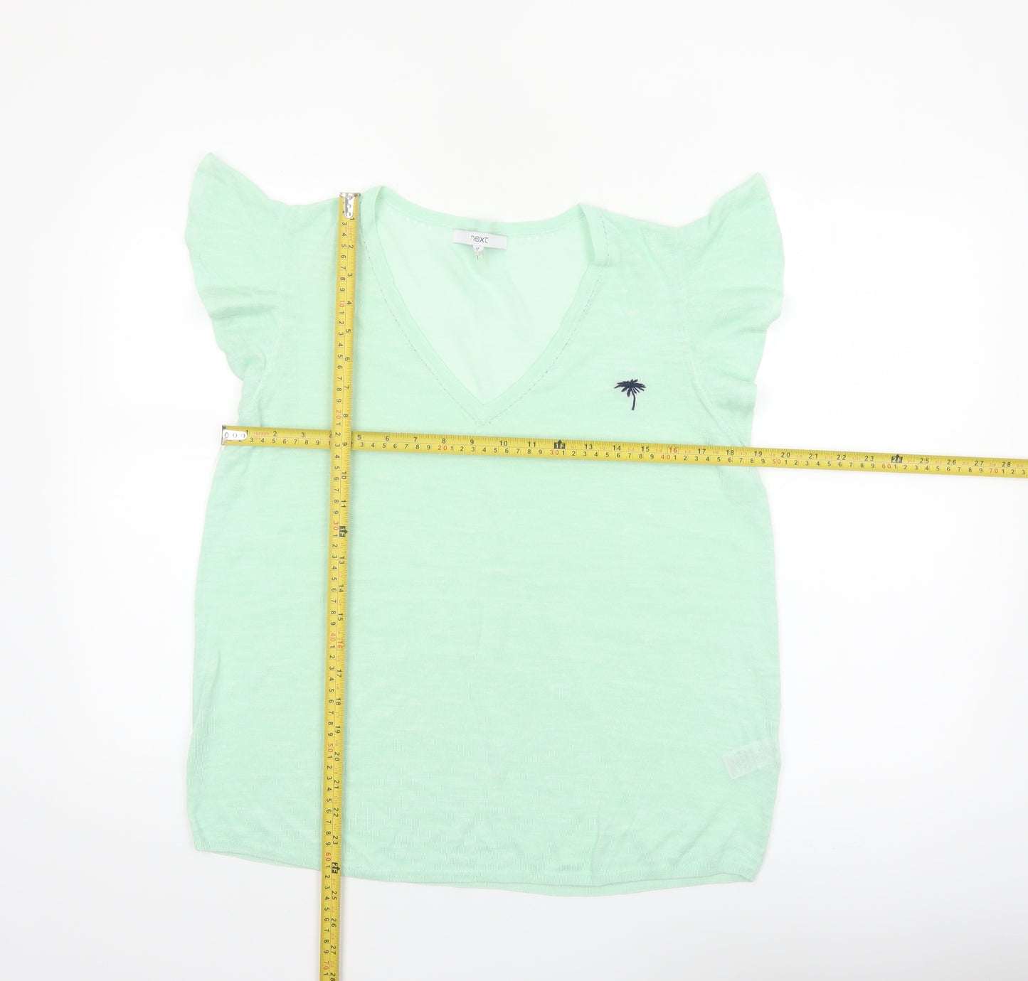 Next Women Green V-Neck Short Sleeve Linen Blend T-Shirt Size 14