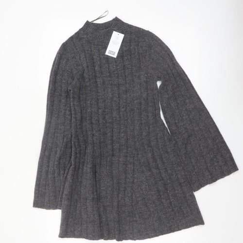 F&F Women’s Grey Knit Jumper Dress M Long Sleeve High Neck