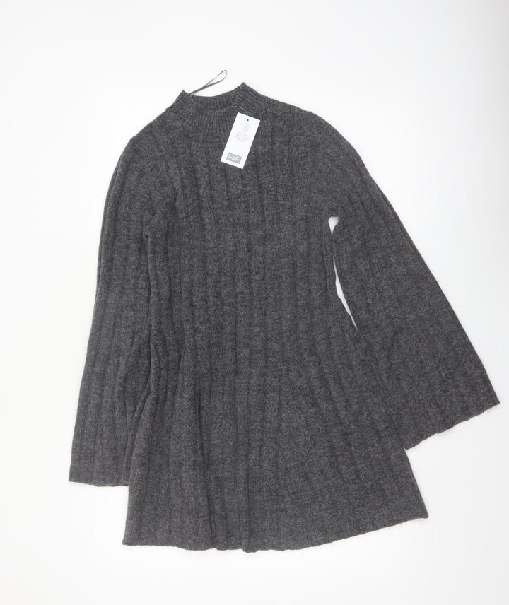 F&F Women’s Grey Knit Jumper Dress M Long Sleeve High Neck