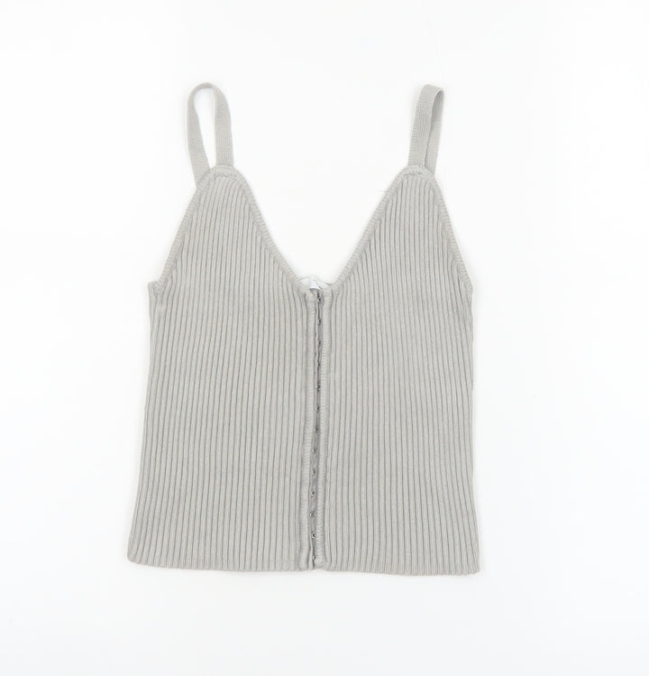 ZARA Women Grey Ribbed Knit Zip Camisole Tank Top Size 12