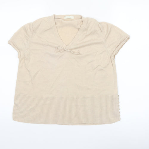 Marks & Spencer Women’s Beige Merino Wool V-Neck Short Sleeve Jumper Size 22